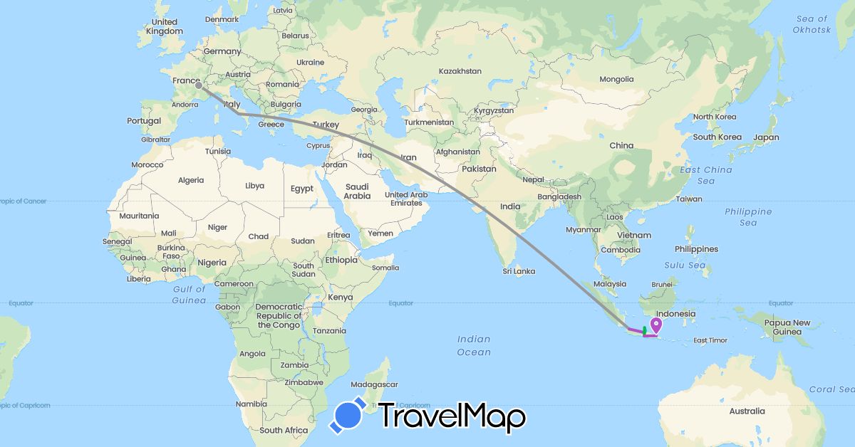 TravelMap itinerary: driving, bus, plane, train, boat in France, Indonesia, Italy (Asia, Europe)
